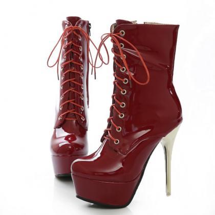 Sexy Red Lace Up High Heels Fashion Boots on Luulla
