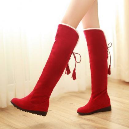 Stylish Red Suede Over The Knee Winter Boots on Luulla