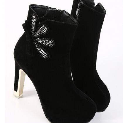 Sexy Black Rhinestone Embellished High Heel Boots on Luulla