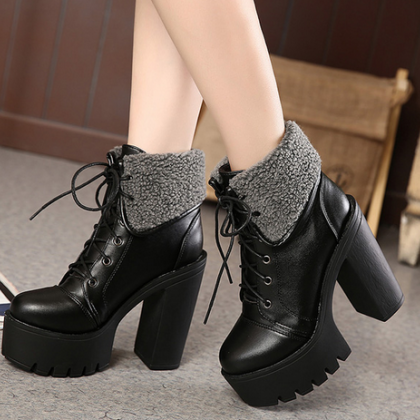 black lace up chunky heel booties