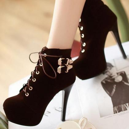 Sexy Brown Lace Up High Heels Ankle Boots