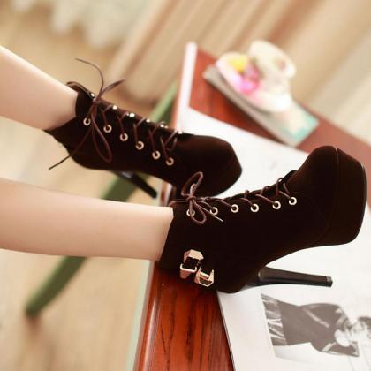 Sexy Brown Lace Up High Heels Ankle Boots