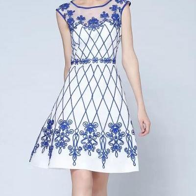 Embroidered Dress In Blue And White