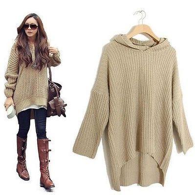 Long Sleeve Casual Hooded Sweater With Bat-Wing Sleeve In Beige And Black