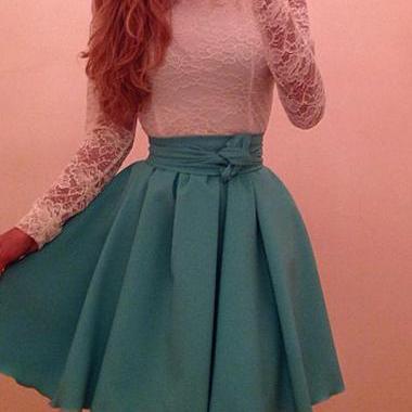Cute Lace Splice White and Blue Dress