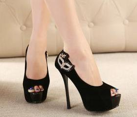 Black Peep Toe Rhinestone Embellished High Heels Fashion Sandals on Luulla