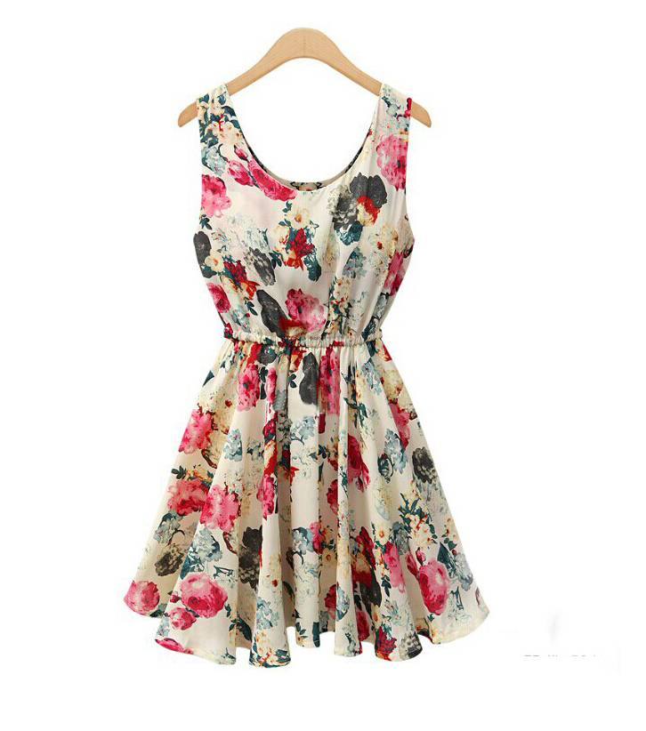 Women's Sexy Apricot O-neck Floral Above Knee Sleeveless Pleated Dress ...