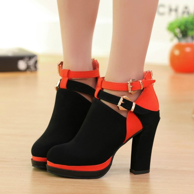 Stylish Orange Dand Black Chunky Heel Boots on Luulla