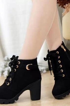 Women Leather Peep Toe Lace Up High Heel Ankle Boots
