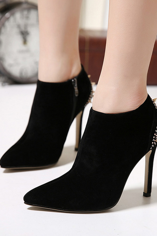 Black Faux Suede Pointed-Toe Ankle Boots Featuring Rivet and Stud Embellishments 