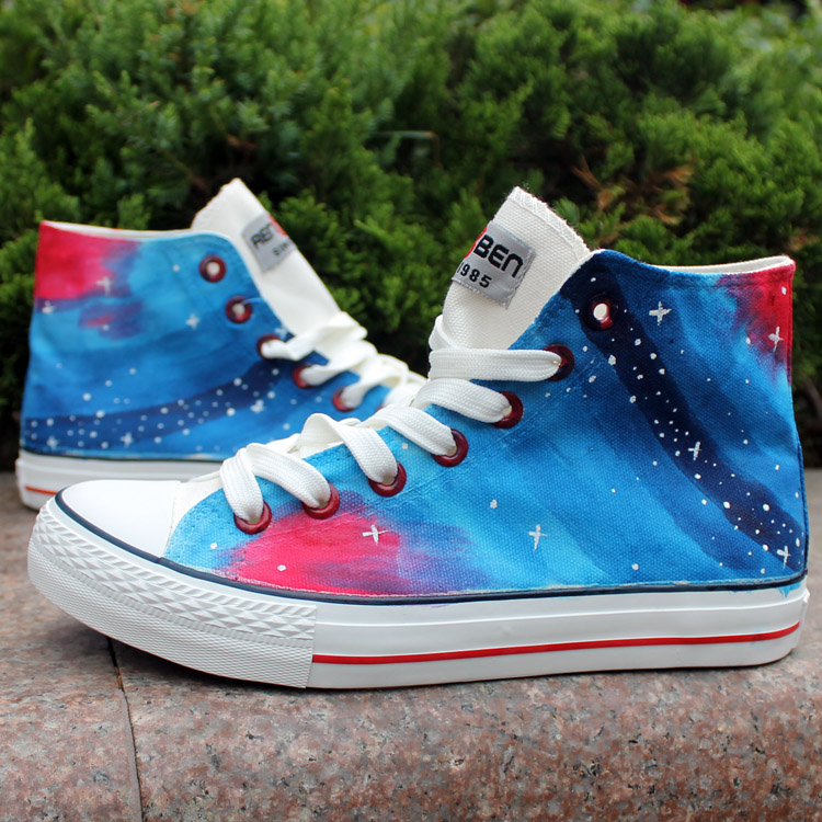 Blue Stars Oil Painting Pattern Hand Painted High Top