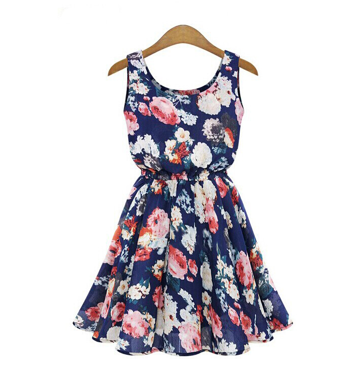 Women's Casual Blue O-Neck Floral Above Knee Sleeveless Pleated Dress ...